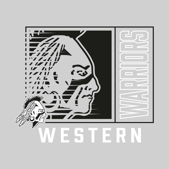 Western Warriors - Spirit Wear - Boxed Cutout Mascot with Outlined Mascot Name Over School Name