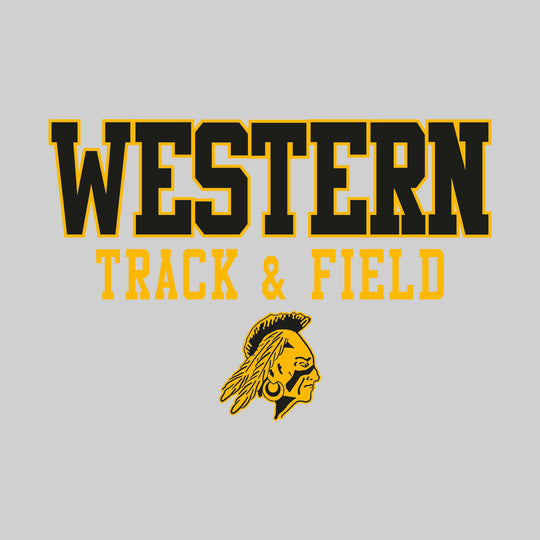 Western Warriors - Track & Field - Outlined School Name Over Track & Field with Mascot