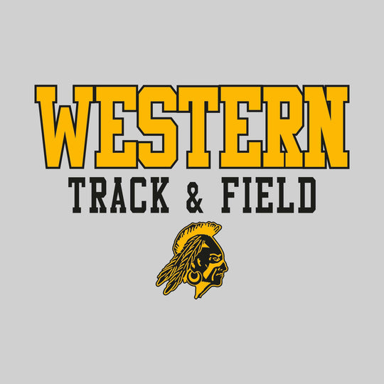 Western Warriors - Track & Field - Outlined School Name Over Track & Field with Mascot