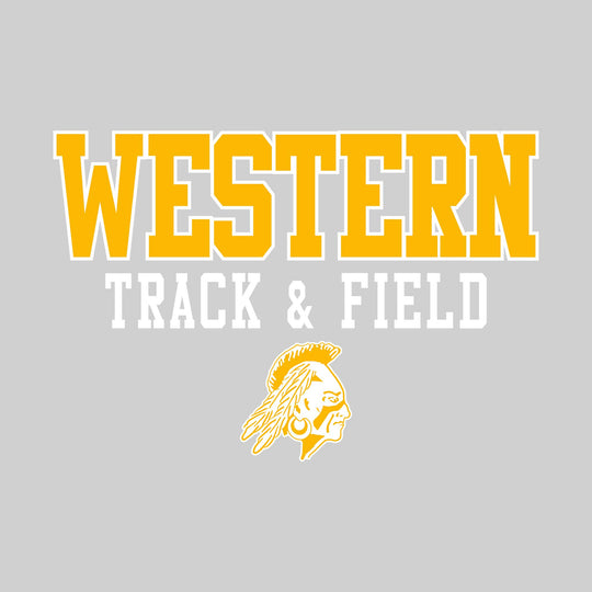 Western Warriors - Track & Field - Outlined School Name Over Track & Field with Mascot