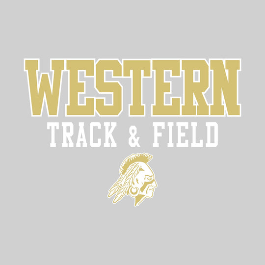 Western Warriors - Track & Field - Outlined School Name Over Track & Field with Mascot