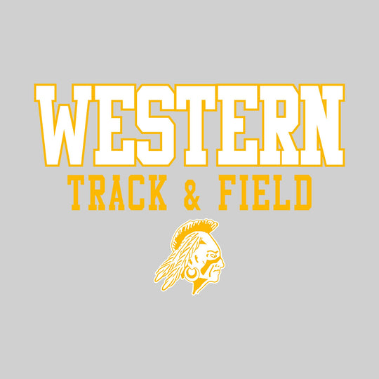 Western Warriors - Track & Field - Outlined School Name Over Track & Field with Mascot