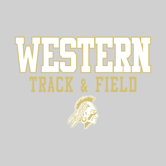 Western Warriors - Track & Field - Outlined School Name Over Track & Field with Mascot