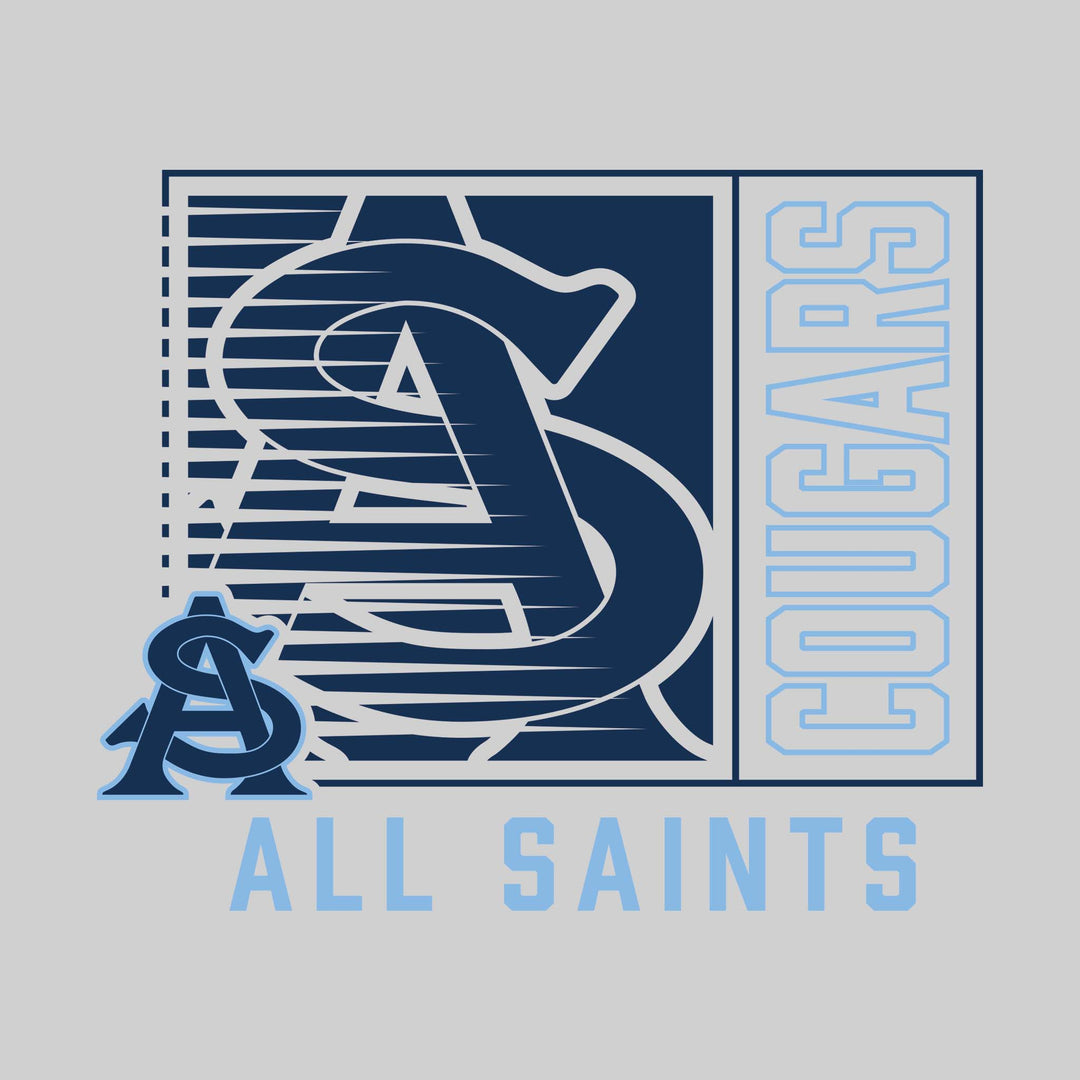All Saints Cougars - Spirit Wear - Boxed Cutout Mascot with Outlined Mascot Name Over School Name