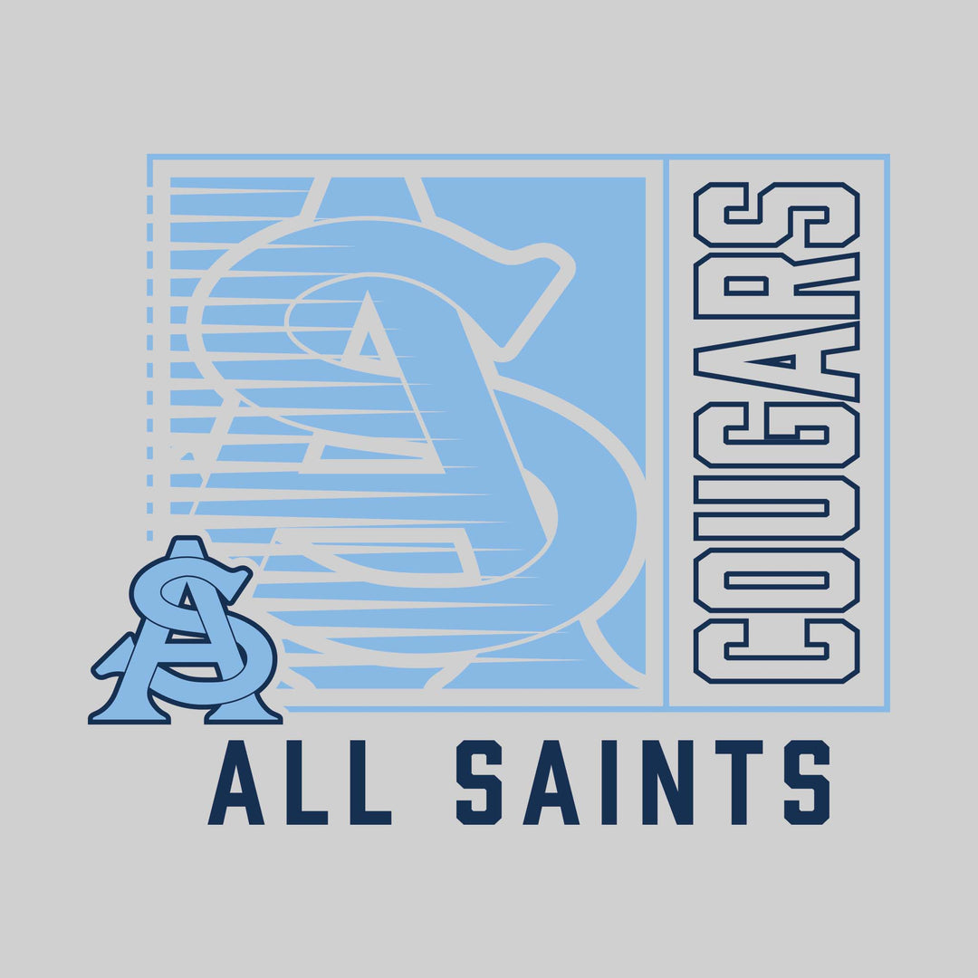 All Saints Cougars - Spirit Wear - Boxed Cutout Mascot with Outlined Mascot Name Over School Name