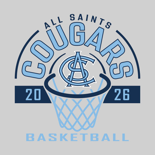 All Saints Cougars - Basketball - Arched Text with Center Mascot and Rim