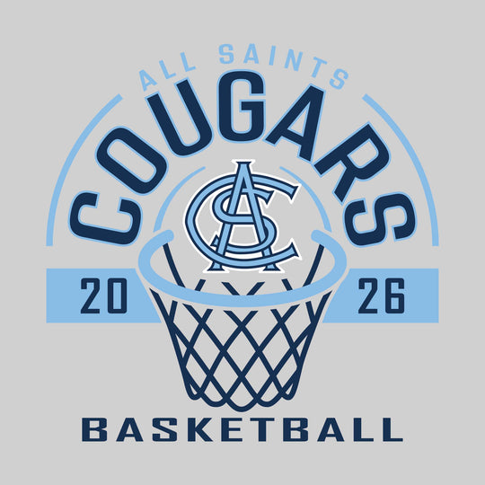 All Saints Cougars - Basketball - Arched Text with Center Mascot and Rim