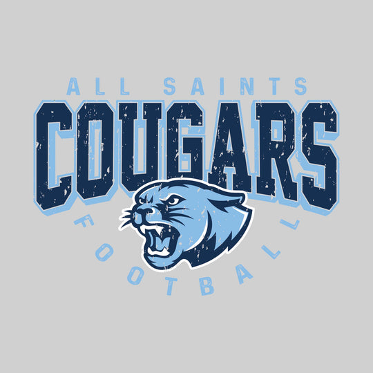 All Saints Cougars - Football - Distressed Text with Mascot and Arched Football