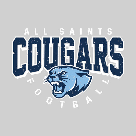 All Saints Cougars - Football - Distressed Text with Mascot and Arched Football