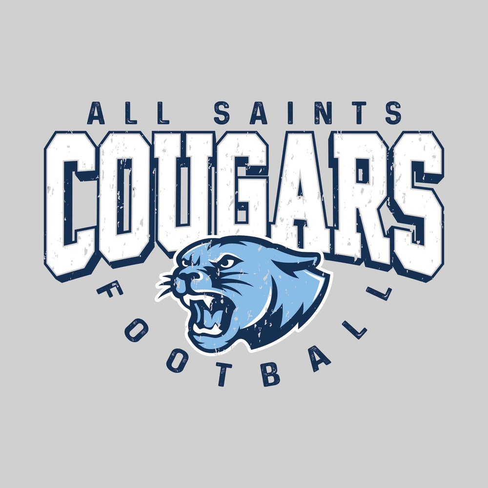 All Saints Cougars - Football - Distressed Text with Mascot and Arched Football