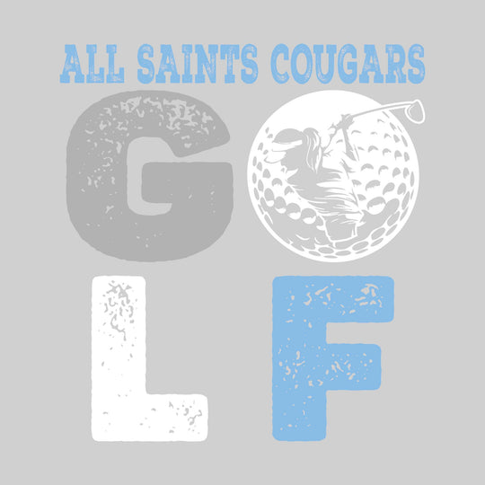 All Saints Cougars - Golf - Distressed Stacked Text with Female Golfer Silhouette in Golf Ball