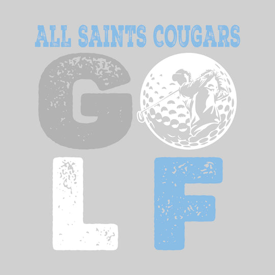 All Saints Cougars - Golf - Distressed Stacked Text with Male Golfer Silhouette in Golf Ball