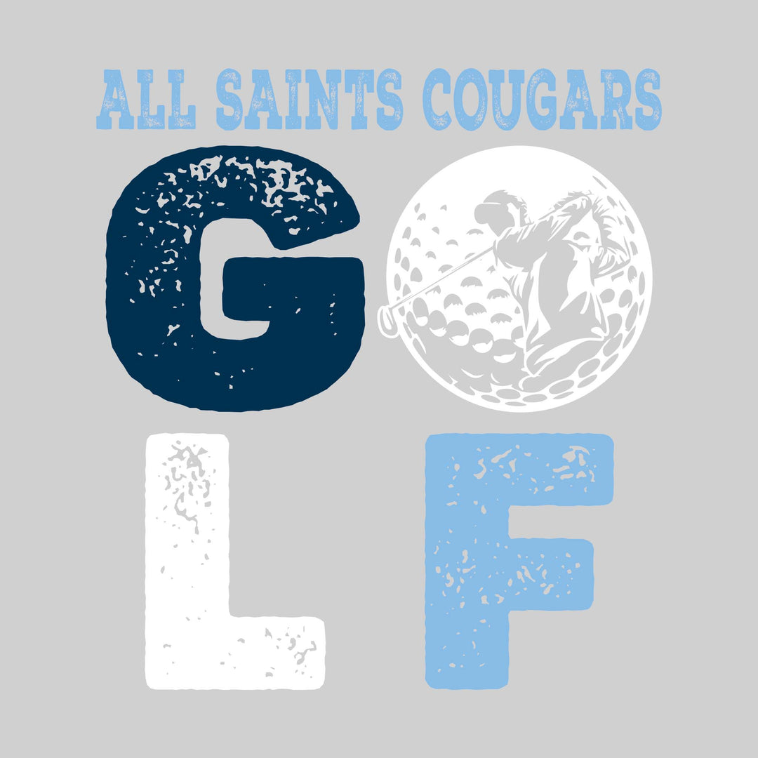 All Saints Cougars - Golf - Distressed Stacked Text with Male Golfer Silhouette in Golf Ball