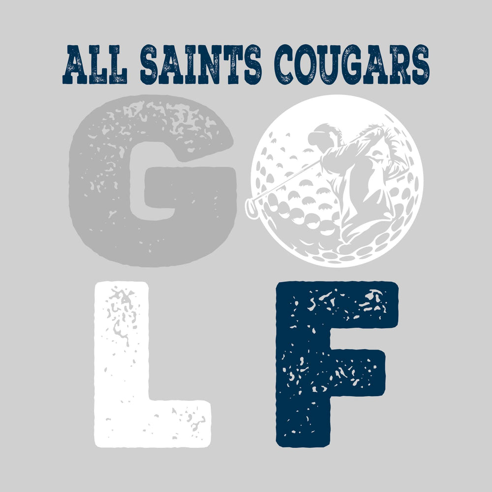 All Saints Cougars - Golf - Distressed Stacked Text with Male Golfer Silhouette in Golf Ball