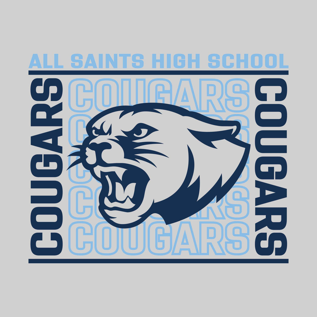All Saints Cougars - Spirit Wear - Bracketed Repeating Outlined Cougars with Mascot