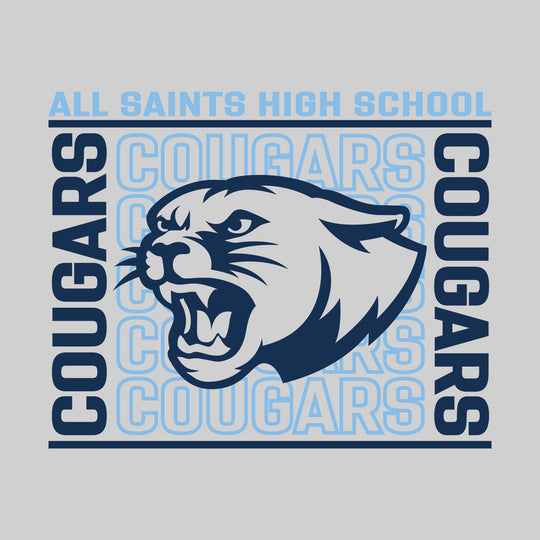 All Saints Cougars - Spirit Wear - Bracketed Repeating Outlined Cougars with Mascot