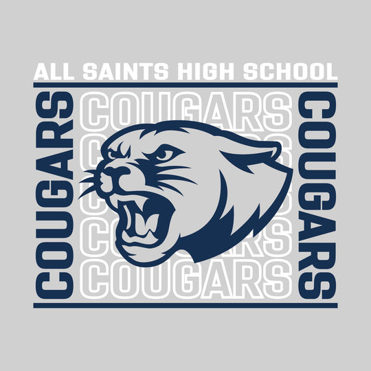 All Saints Cougars - Spirit Wear - Bracketed Repeating Outlined Cougars with Mascot
