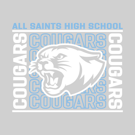 All Saints Cougars - Spirit Wear - Bracketed Repeating Outlined Cougars with Mascot