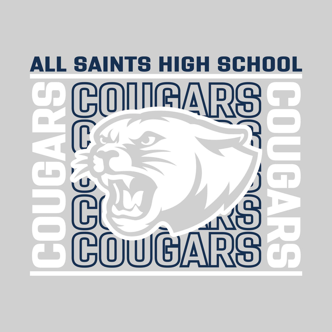 All Saints Cougars - Spirit Wear - Bracketed Repeating Outlined Cougars with Mascot