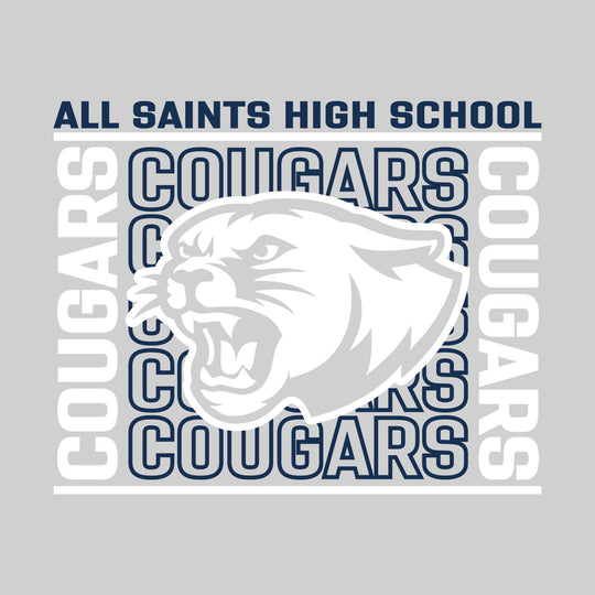All Saints Cougars - Spirit Wear - Bracketed Repeating Outlined Cougars with Mascot