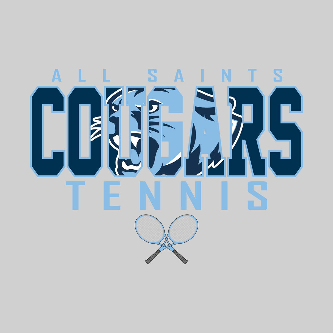 All Saints Cougars - Tennis - Outlined Cougars with Mascot Inset and Crossed Rackets