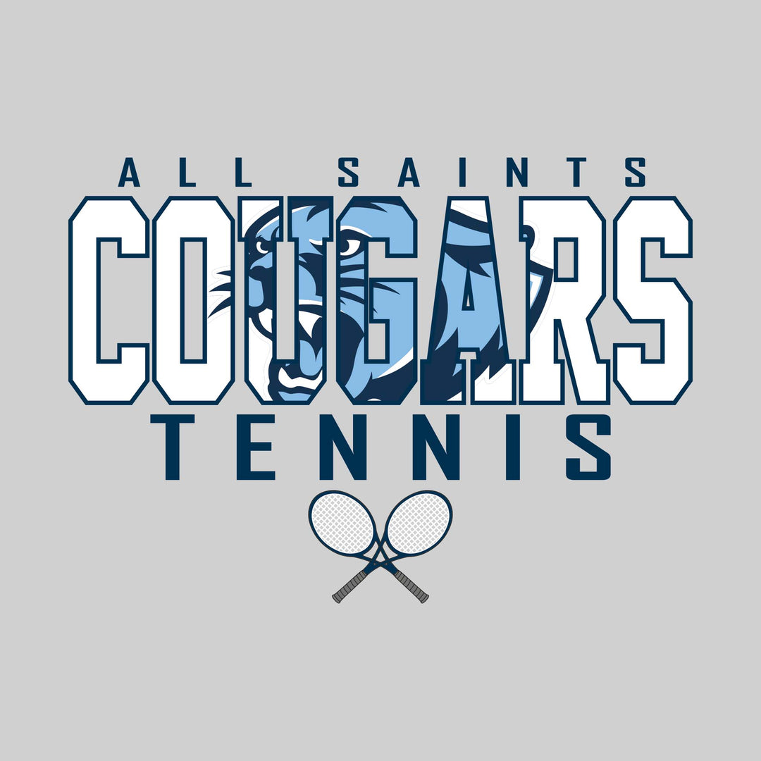 All Saints Cougars - Tennis - Outlined Cougars with Mascot Inset and Crossed Rackets