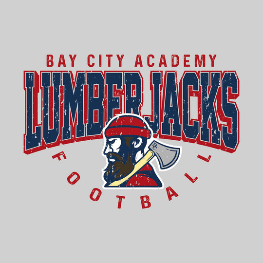 Bay City Academy - Football - Distressed Text with Mascot and Arched Football