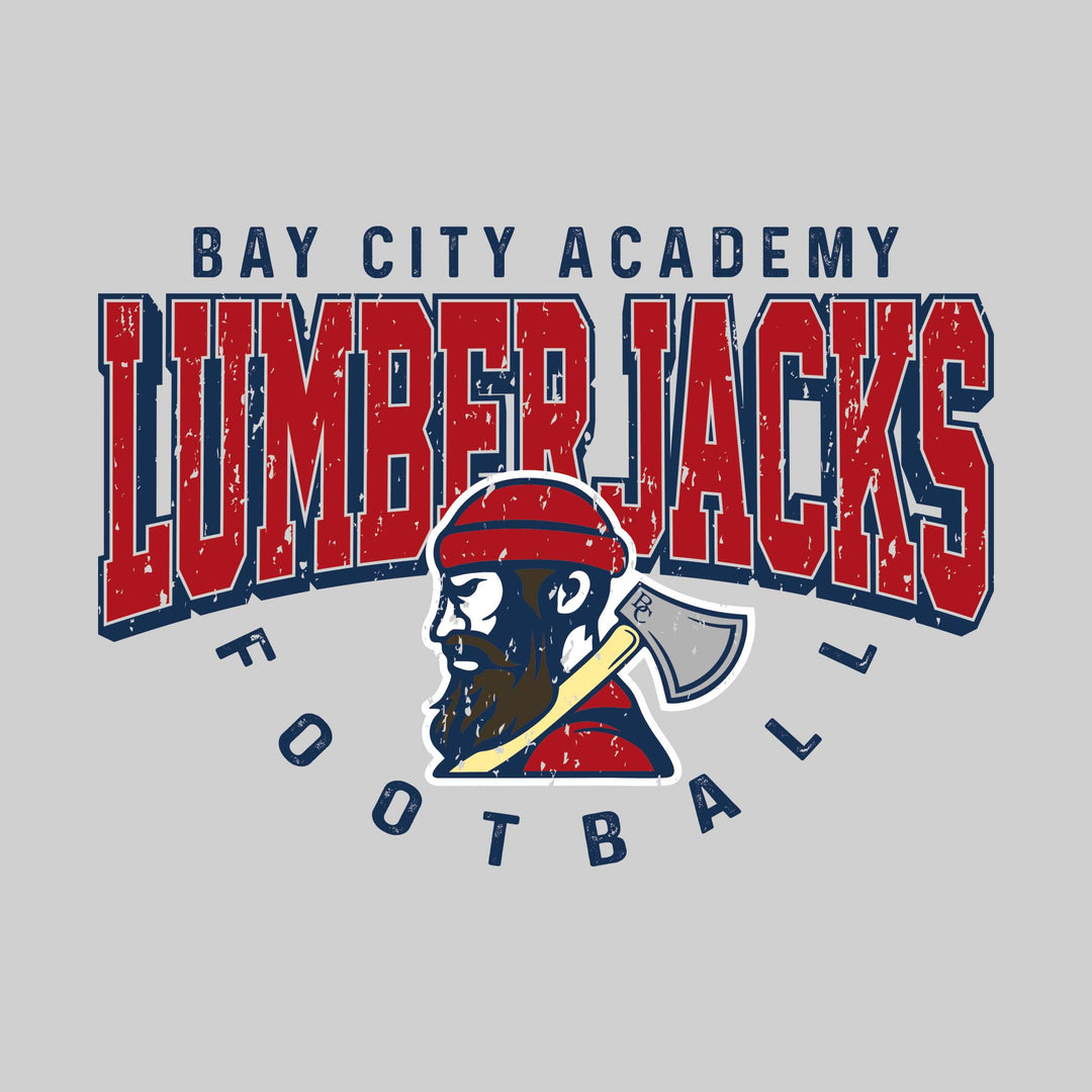 Bay City Academy - Football - Distressed Text with Mascot and Arched Football