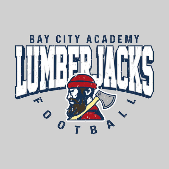 Bay City Academy - Football - Distressed Text with Mascot and Arched Football
