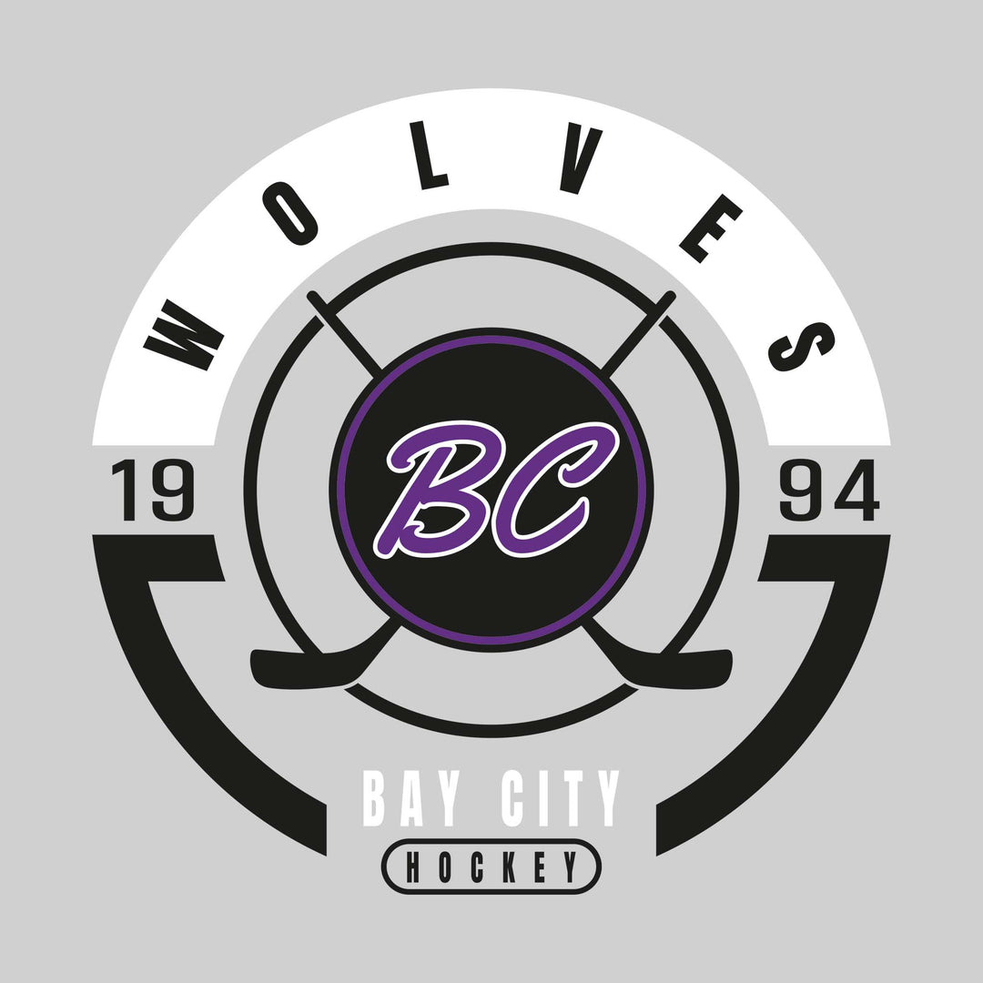 Bay City Wolves - Hockey - Circle Design with Crossed Sticks and Center Logo