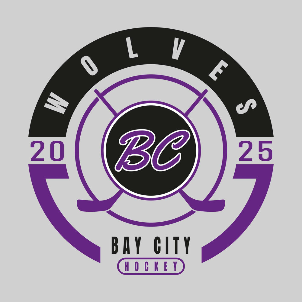 Bay City Wolves - Hockey - Circle Design with Crossed Sticks and Center Logo