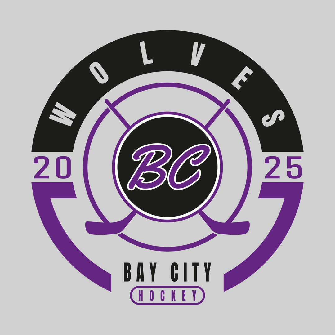 Bay City Wolves - Hockey - Circle Design with Crossed Sticks and Center Logo