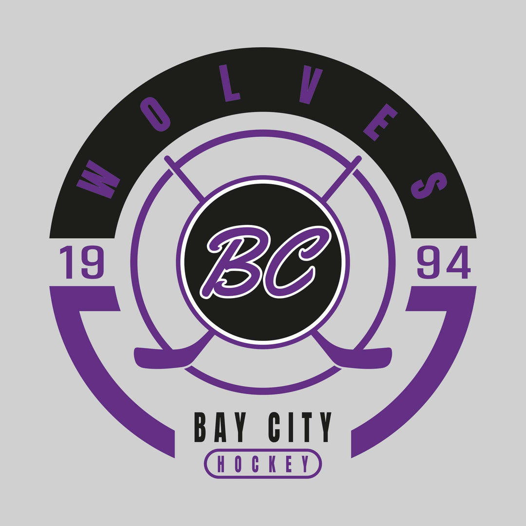 Bay City Wolves - Hockey - Circle Design with Crossed Sticks and Center Logo