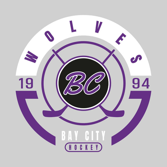 Bay City Wolves - Hockey - Circle Design with Crossed Sticks and Center Logo
