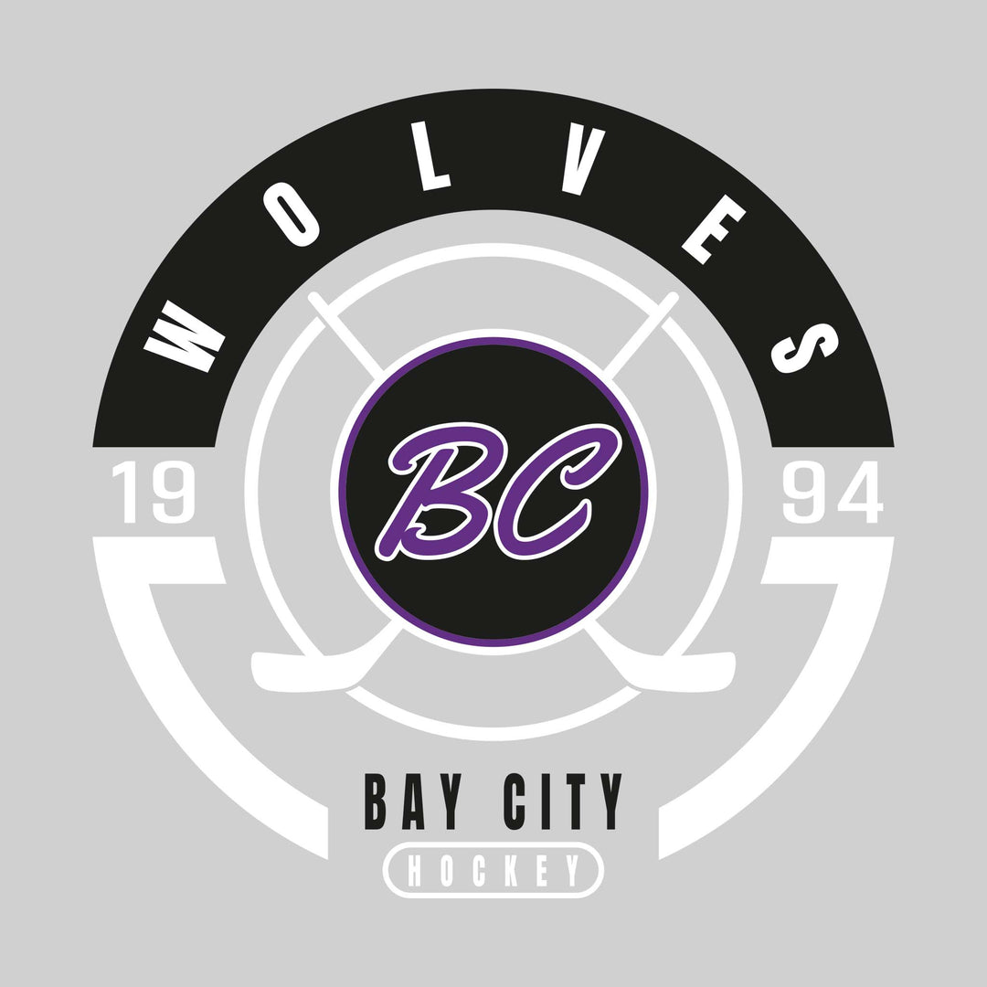 Bay City Wolves - Hockey - Circle Design with Crossed Sticks and Center Logo