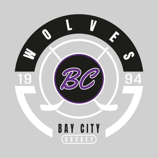 Bay City Wolves - Hockey - Circle Design with Crossed Sticks and Center Logo