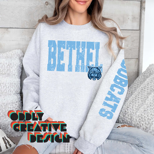Bethel Lutheran Bobcats - Spirit Wear - Bethel Distressed with Mascot and Sleeve