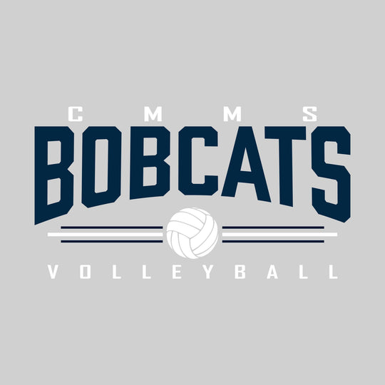 CMMS Bobcats - Volleyball - Arched Mascot Name with Volleyball and Color Lines - Gray & Navy