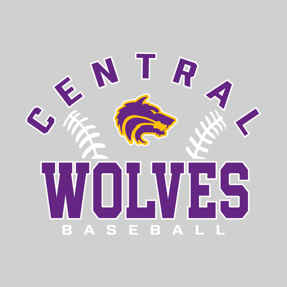 Central Wolves - Baseball - Arched School Name with Baseball Stitches & Mascot