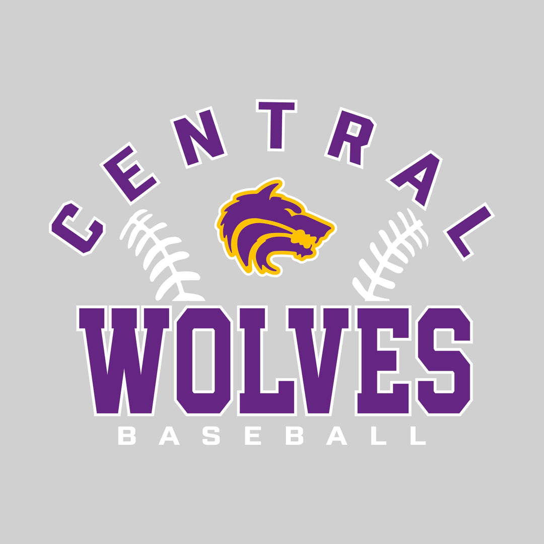 Central Wolves - Baseball - Arched School Name with Baseball Stitches & Mascot