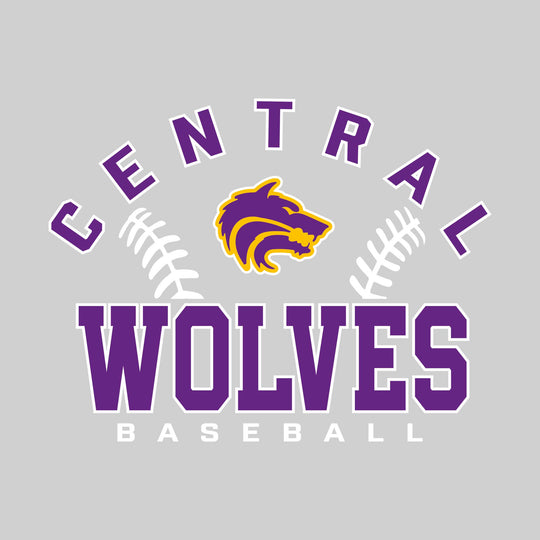 Central Wolves - Baseball - Arched School Name with Baseball Stitches & Mascot