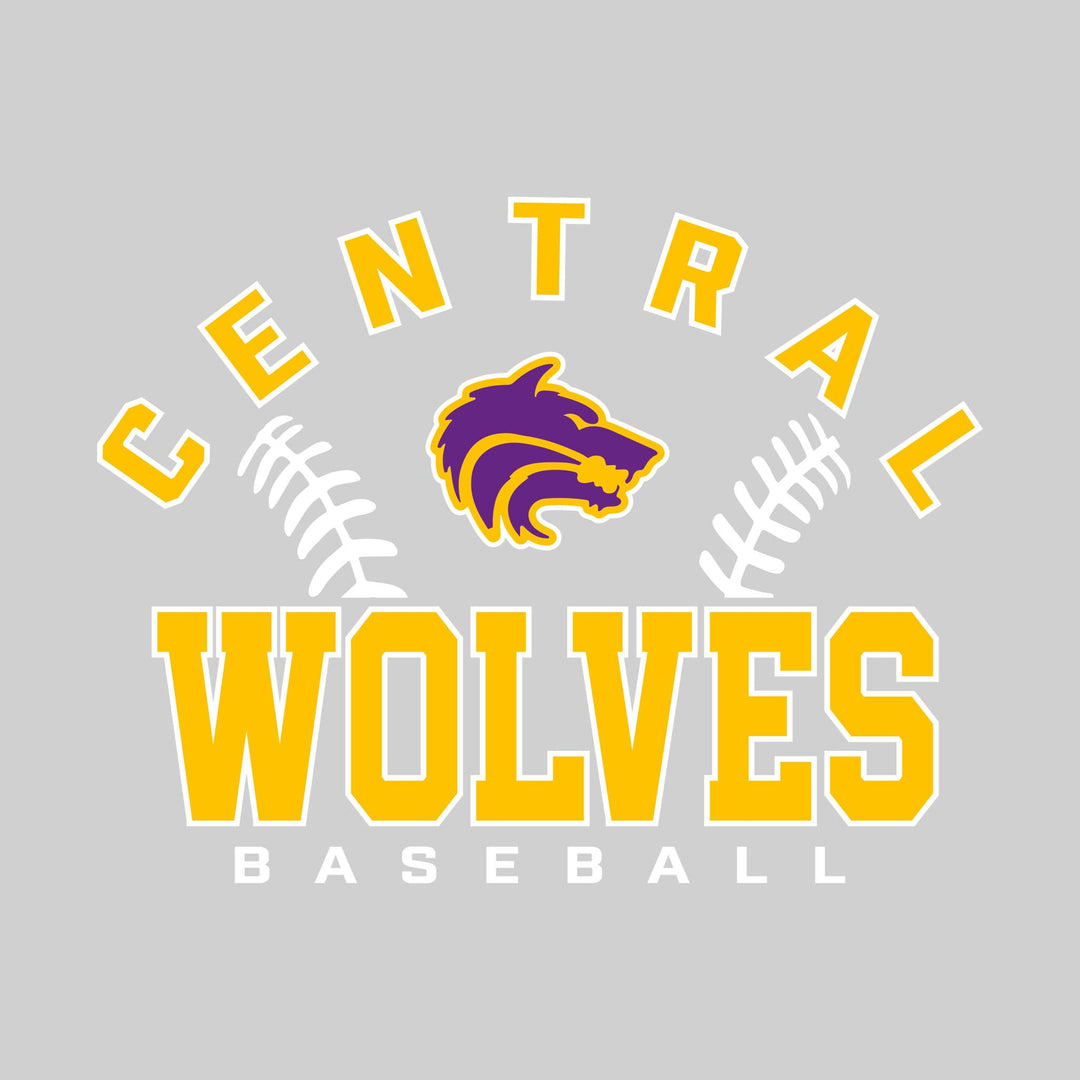 Central Wolves - Baseball - Arched School Name with Baseball Stitches & Mascot