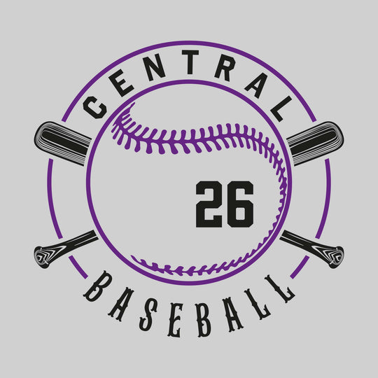 Central Wolves - Baseball - Crossed Bats with School Name and Baseball Stitches