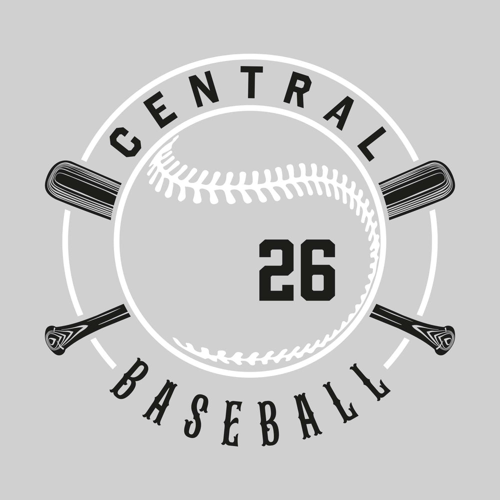 Central Wolves - Baseball - Crossed Bats with School Name and Baseball Stitches