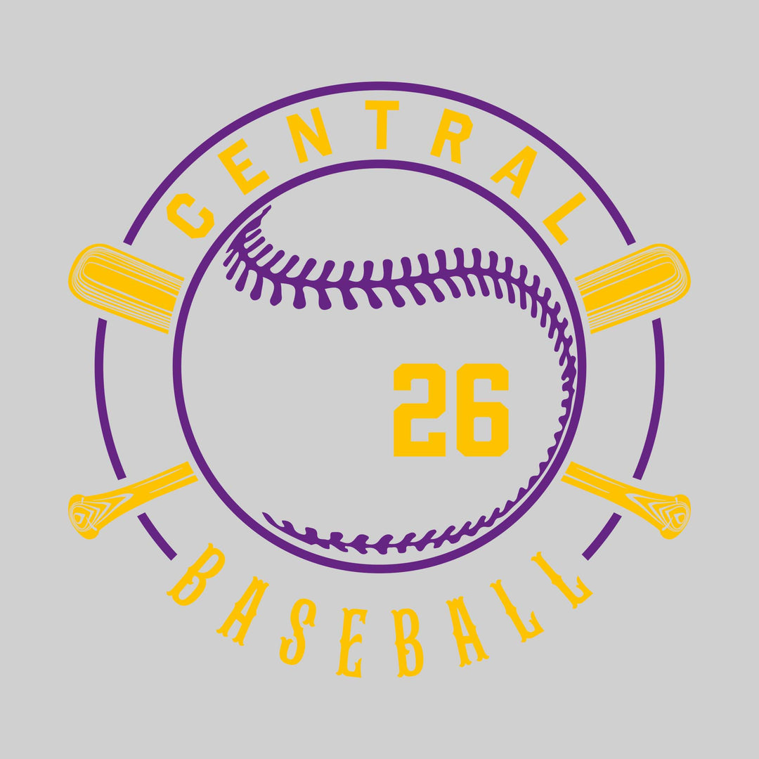 Central Wolves - Baseball - Crossed Bats with School Name and Baseball Stitches