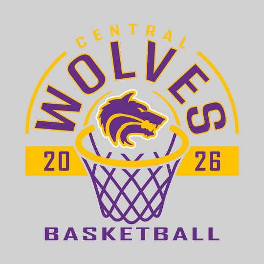 Central Wolves - Basketball - Arched Text with Center Mascot and Rim