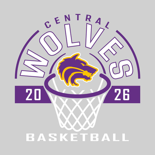Central Wolves - Basketball - Arched Text with Center Mascot and Rim