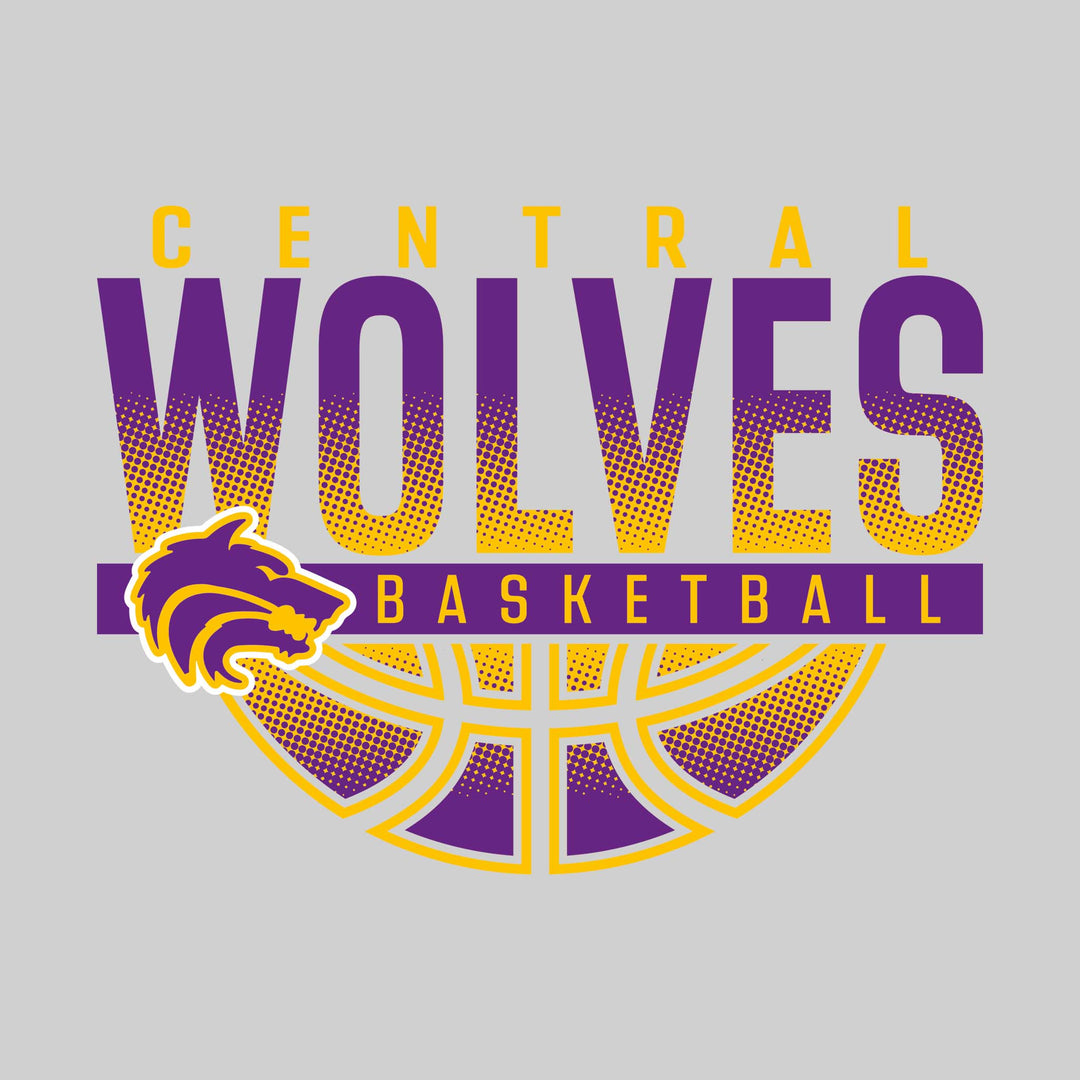 Central Wolves - Basketball - Halftone Wolves Over Basketball with Mascot