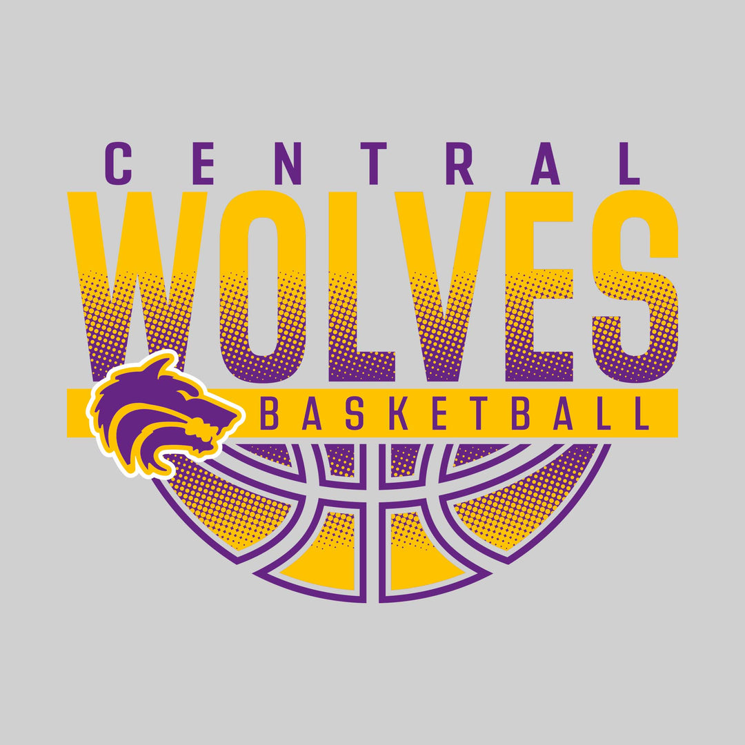 Central Wolves - Basketball - Halftone Wolves Over Basketball with Mascot