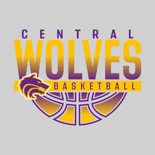 Central Wolves - Basketball - Halftone Wolves Over Basketball with Mascot